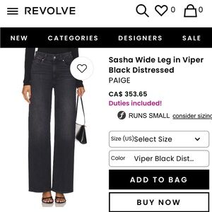 Sasha Wide Leg in Viper Black Distressed
PAIGE Sasha 32" Jeans size 25